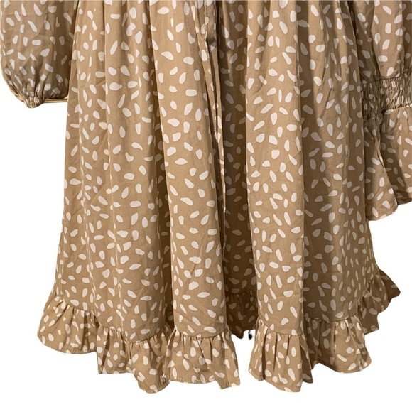 Mainstrip High Neck Ruffled Long Sleeve Beige White Polka Dot Dress Size Large - Picture 3 of 10